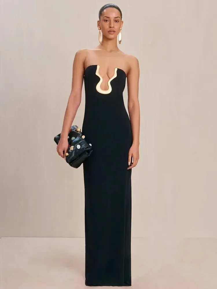 2025 Kvinder Berømthed Sexet Stropløs Rygløs Sort Maxi Lang Bodycon Bandagekjole Elegant aftenklub festoutfit