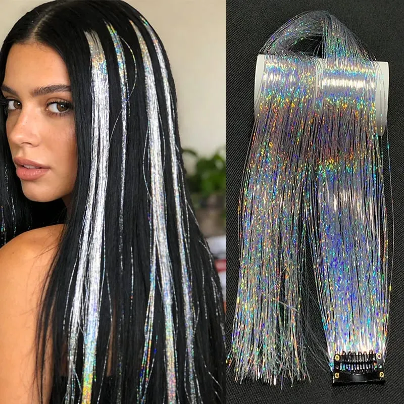 Synthetic Rainbow Tinsel Hair Extensions Clip In Shiny Glitter Wig Hairpiece for Women Party Cosplay Daily DIY Hair Accessory — image 2