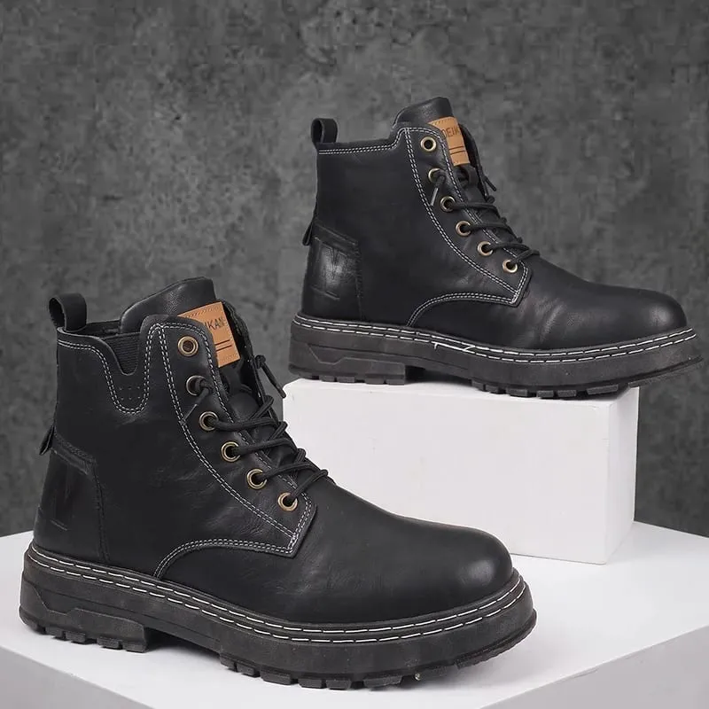 Men High‑top Casual Boots Faux Leather Lace‑up Thick Non‑slip Block Sole Stitched Detail For Urban Street Daily Outing