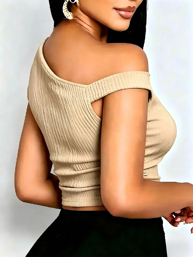 Y2K Minimalist Basic Casual Summer Women‘s Asymmetric Tank Top Sleeveless Solid Color Off Shoulder Side Ruched Crop Tops — image 2