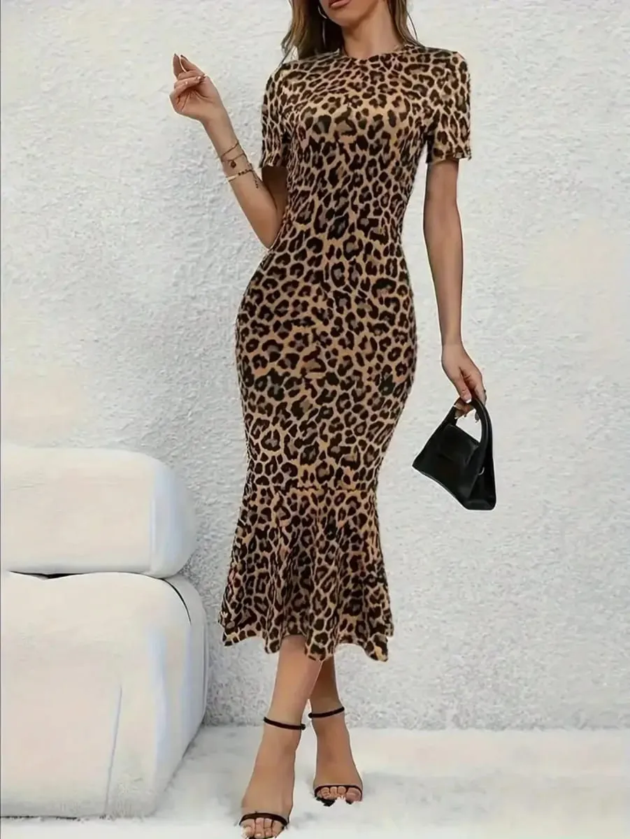 Spring Summer Fashion European Style Leopard Print round Neck Short Sleeve Fish Tail Hem Long Dress — image 5