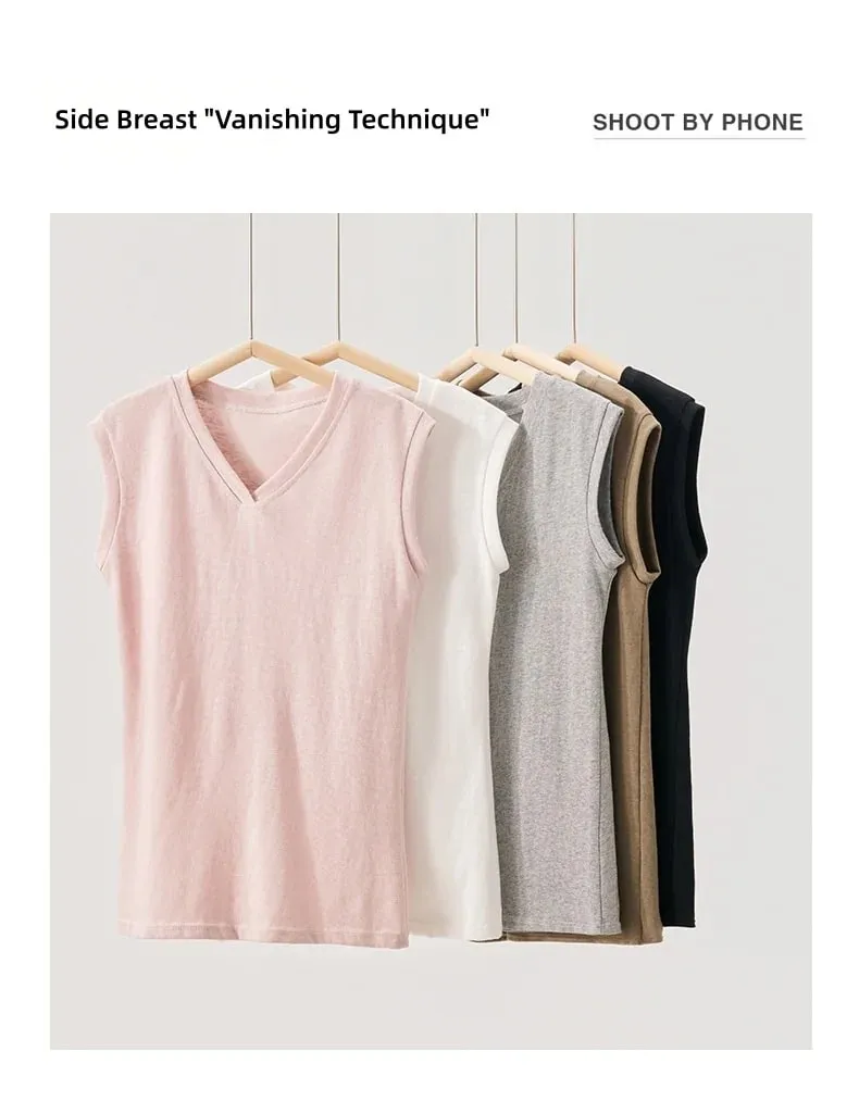Solid-Color Cotton V-Neck Base Layer Tank Top Women's Soft Breathable Sleeveless Top Outerwear