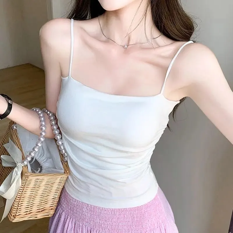 Summer Korean Women Spaghetti Strap Crop Top With Bra Bodycon Sleeveless Cami Tube Top Basic Camisoles Y2K Sexy Tank Tops — image 6