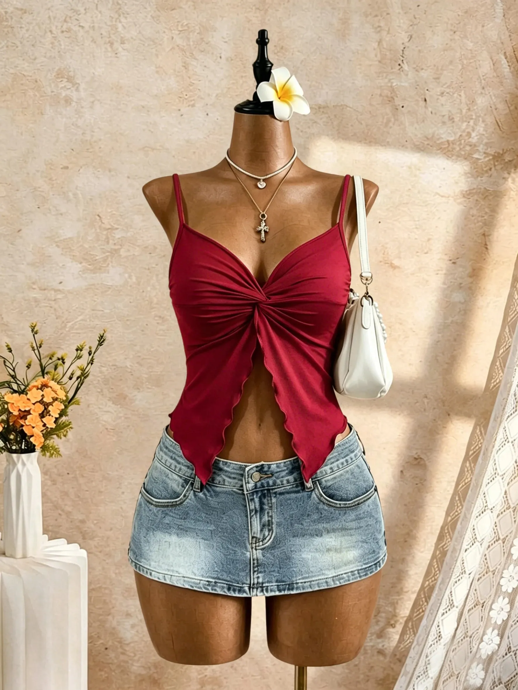 Women Spaghetti Strap V Neck Twist Front Cut Out Ruffle Irregular Hem Slim Fit Crop Cami Top 2026 Summer Y2K Solid White Sleevel