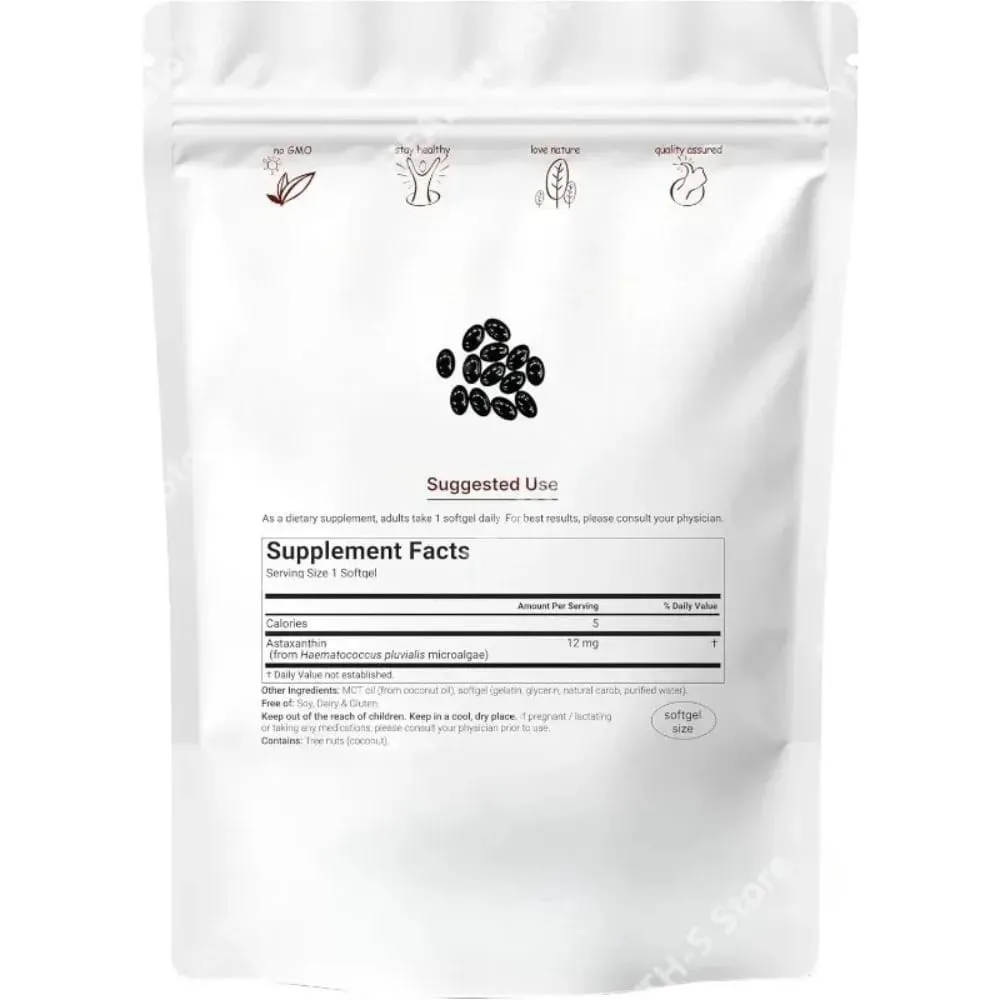 Astaxanthin 12mg Softgels - Antioksidan Harian Menyokong 120 Kapsul Non-GMO Tanpa Gluten Bebas Soya 120 Kapsul untuk Dewasa