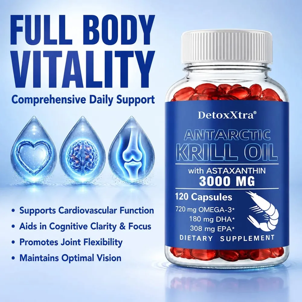 Antarctic Krill Oil 3000mg Capsules Omega-3 EPA DHA Astaxanthin & Phospholipids Antioxidant Heart Brain Joint & Eye Support