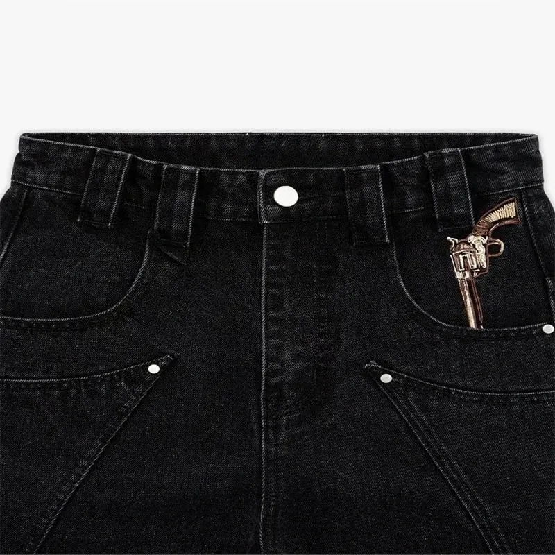 Men Black Baggy Jeans with Warrior Embroidery Pockets Wide Leg Denim Pants Y2K Streetwear Hip Hop Trousers