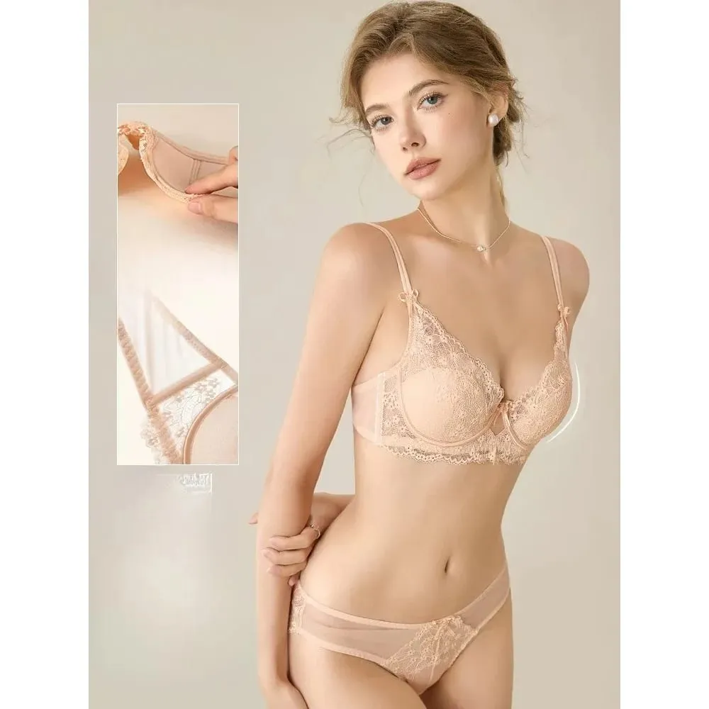 Women Pink Lace Full‑Cup Thin Minimizer Bra Set Push‑Up Anti‑Sag Support Lingerie Intimates For Large Breast Ladies Casual Daily