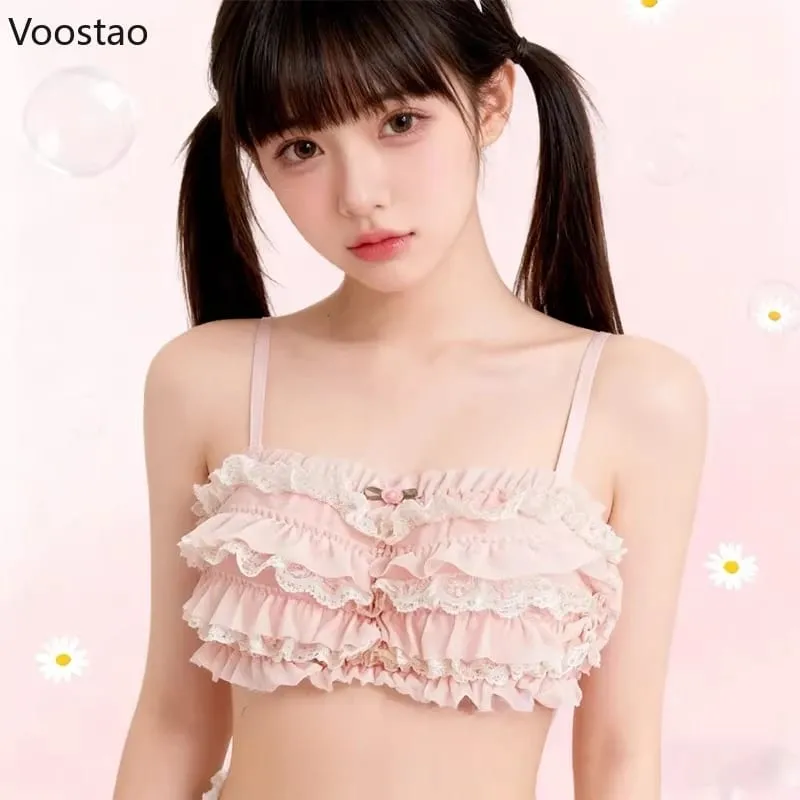 Japonês doce lolita estilo sutiã calcinha lingerie conjunto feminino sexy floral rendas babados briefs kawaii roupa interior calcinha conjuntos