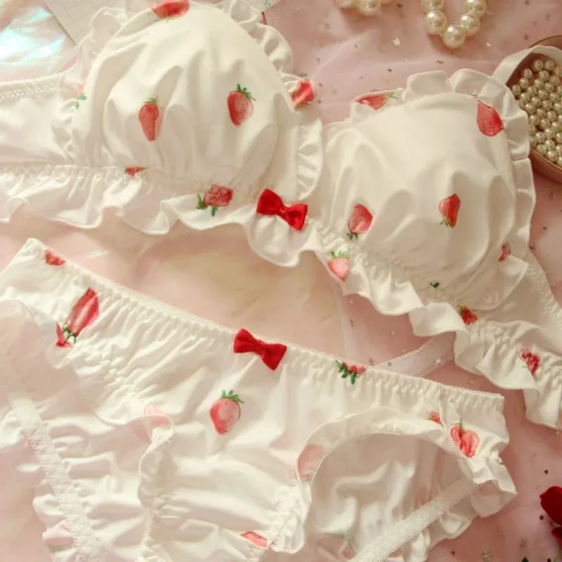 Strawberry Milk Silk Bra & Panties Set Wirefree Soft Underwear Set Kawaii Lolita Bra and Panty Pink Lingerie — image 7