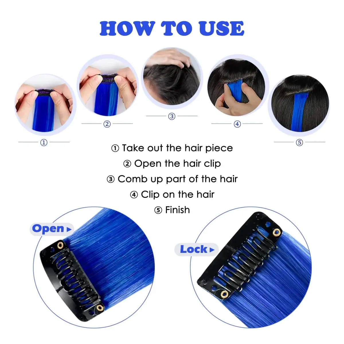 Blue Hair Extensions Clip in 6 Pcs Colored Highlights Hair Extensions Synthetic 24 inch Rainbow Hairpieces Dress Party Birthday — image 3