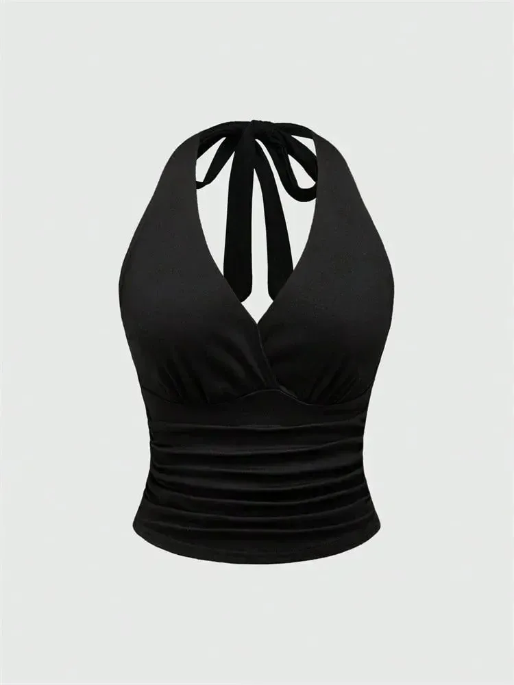 Solid V-neck Backless Halter Crop Top for Women Summer Sexy Y2K Sleeveless Ruched Top Streetwear — image 2