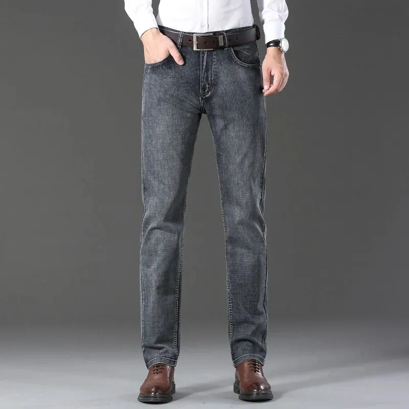 Autumn Winter Men's Jeans Classic Retro Grey Denim Pants Man Work Slim Straight Stretch Cotton Trousers Streetwear Plus Size 40 — image 3