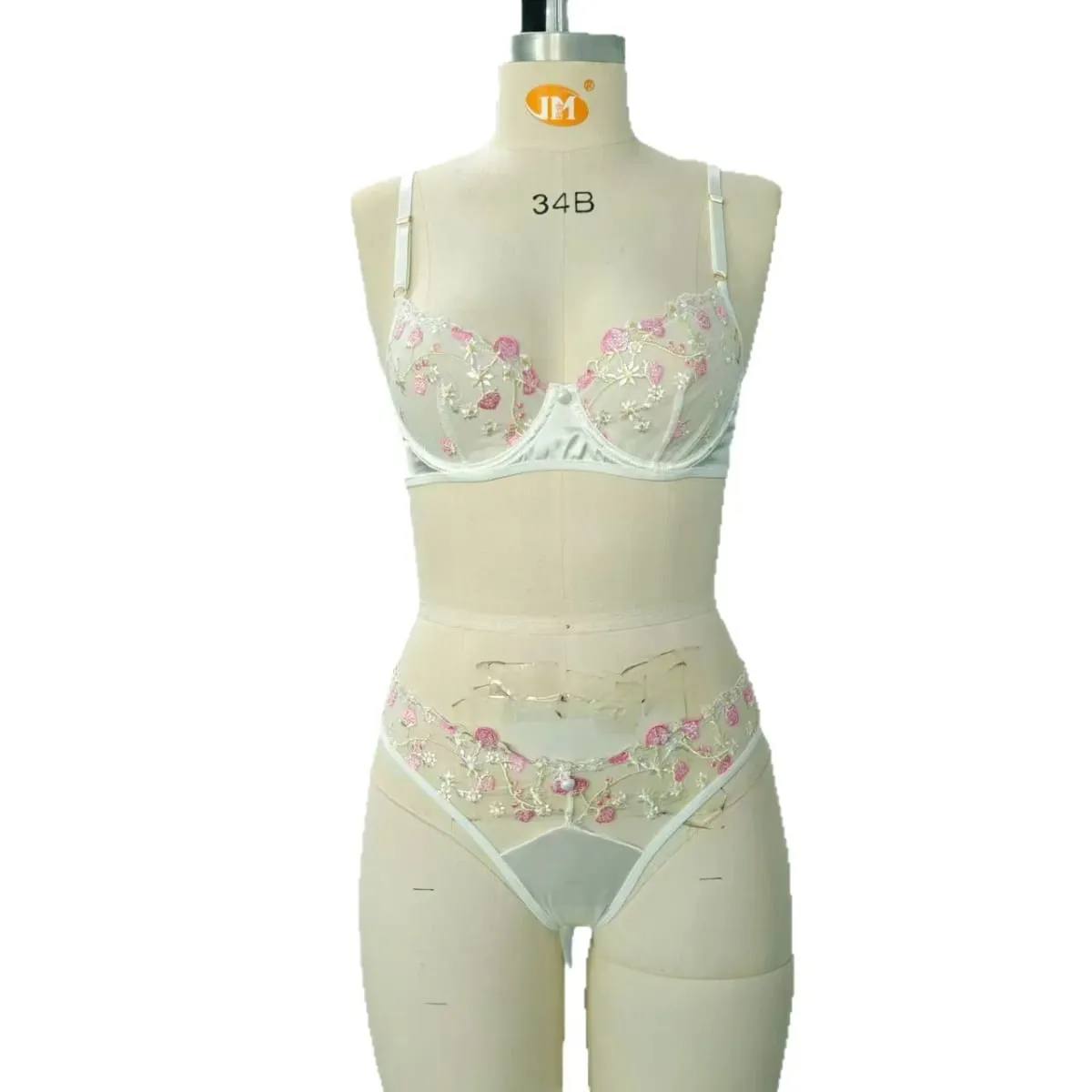 See Through Ultra Thin Transparent Mesh Bra Tongs Sets Underwear Flora Embroidery Underwire Sexy Lingerie Women Brassiere White