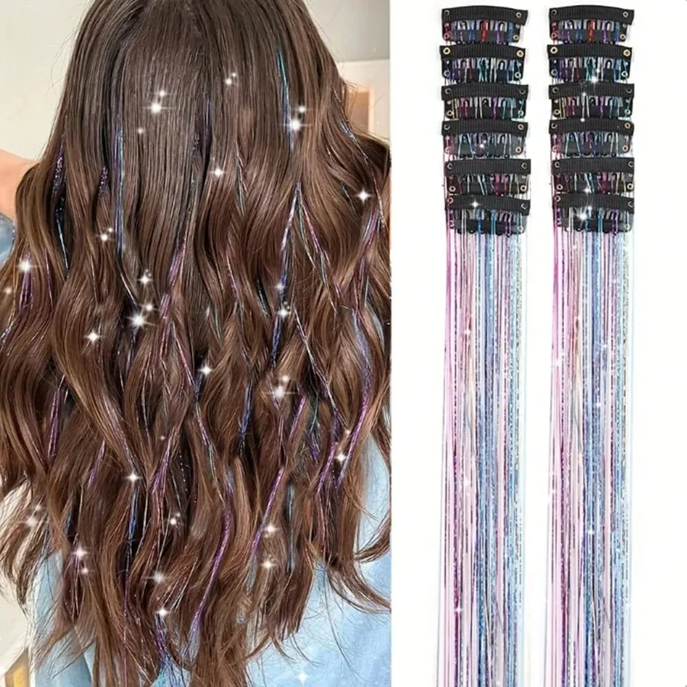 12Pcs Hair Tinsel Clip In 19.7" Glitter Tinsel Hair Extensions Synthetic Clip In Sparkle Hair Accessories For Kids Girls Women — image 6