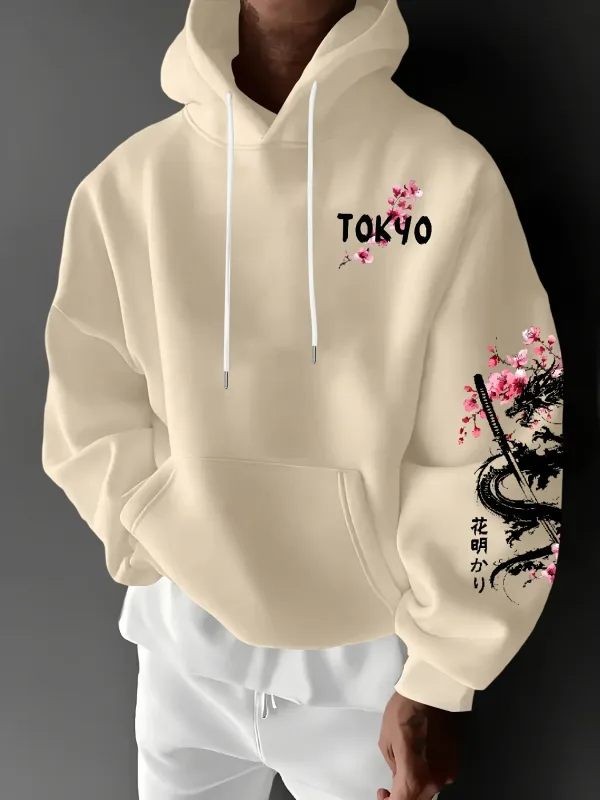 Naka-hood na pullover na naka-hood na pullover para sa init ng taglamig na maluwag at kaswal na istilo ng naka-istilong anime na dragon-patterned cherry blossom print