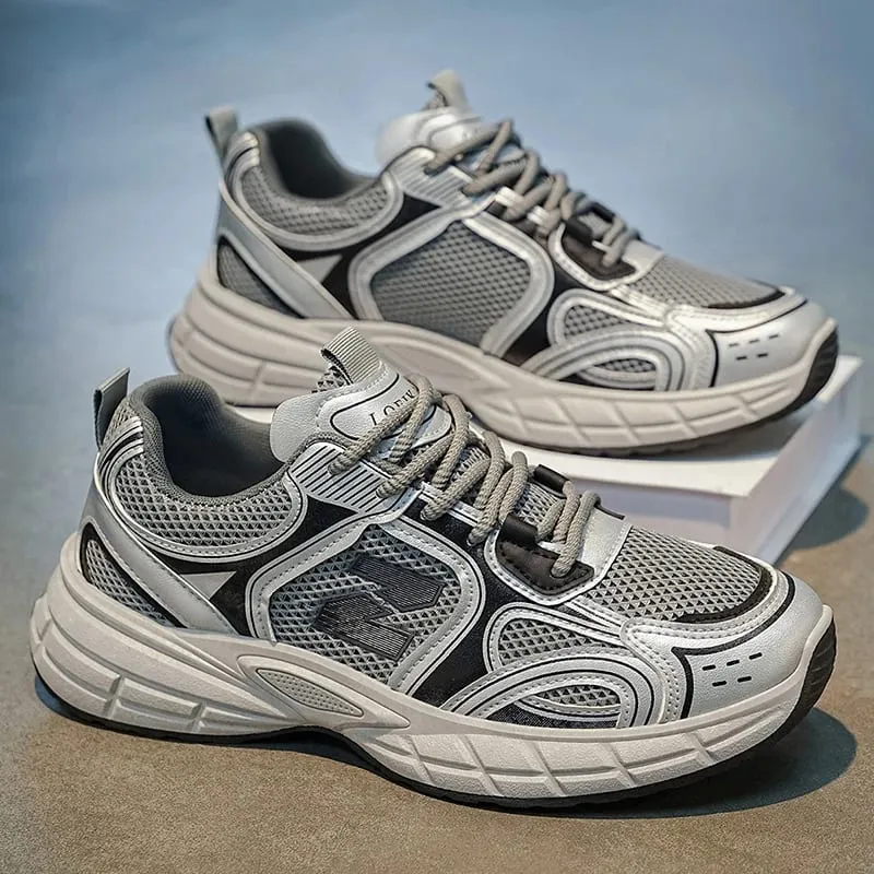 Men Breathable Mesh Dad Shoes Lightweight Casual Sneakers White Gray Daily Street Walking Footwear — image 4