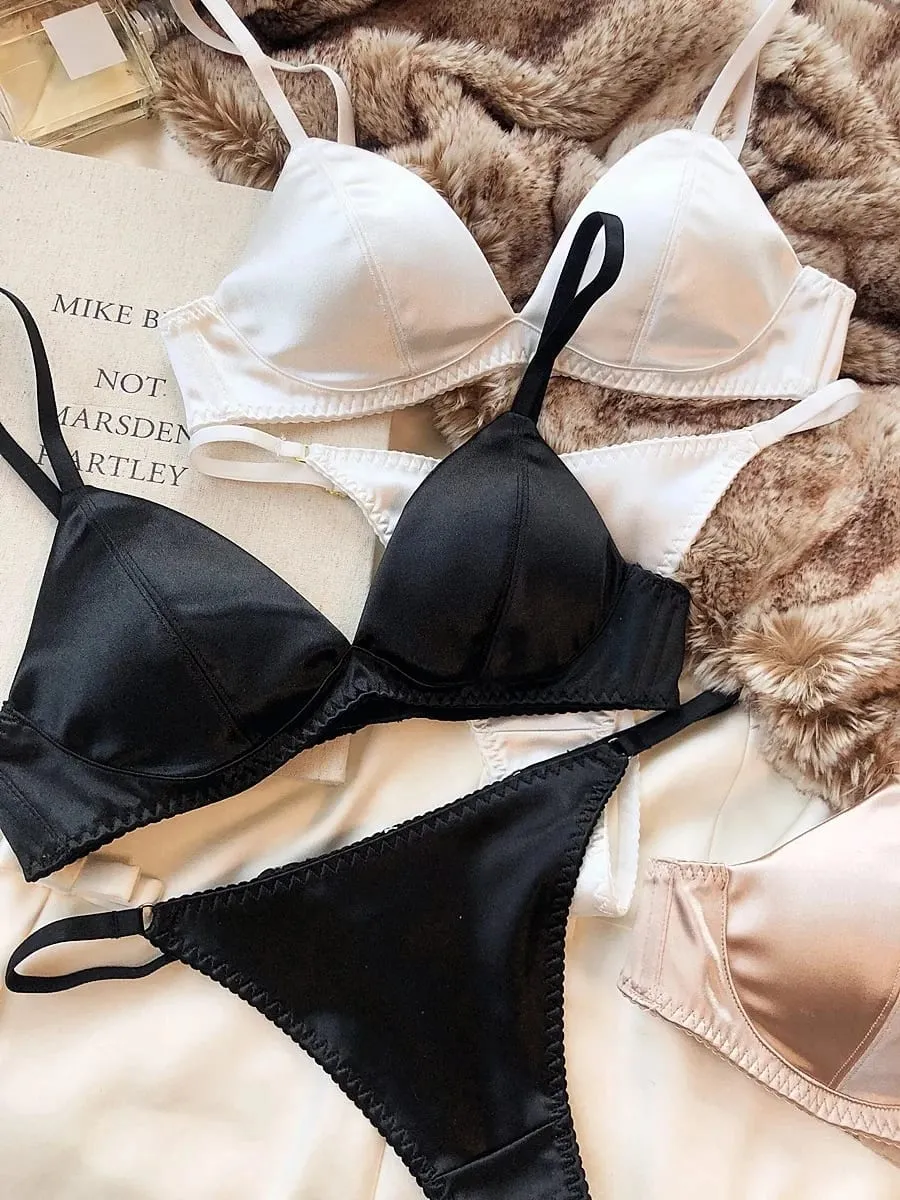 Summer Women Underwear Set Silken Triangle Cup Wireless Bras French Bralette Seamless Intimates Bra and Thong Lingerie Set — image 3