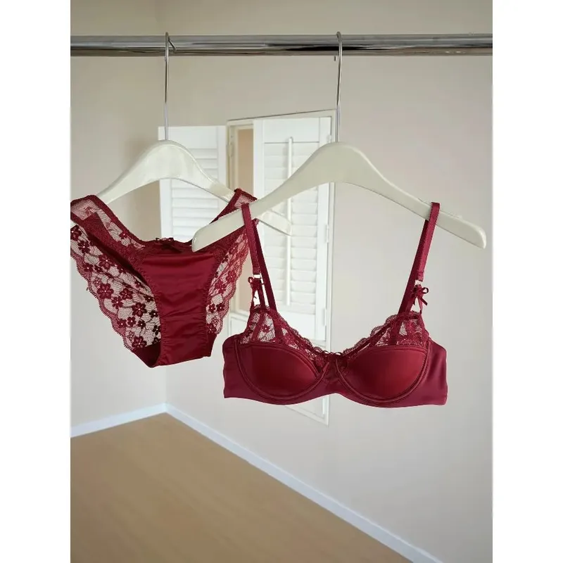 Red Lace Satin Bra Set Half Cup Thin Push‑Up Less Show Big Chest Sexy French Lingerie Women Underwear 32‑38