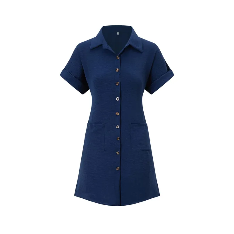 2026 European and American Cross Border Leisure Solid Color Cotton Hemp Buckle Long Short Sleeve Loose Shirt Dress Women's Wear