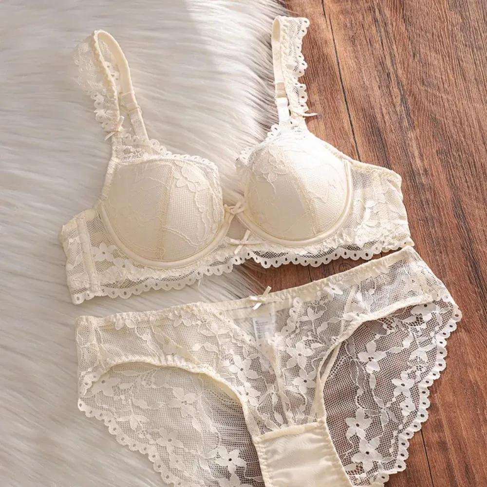 French Lace Lingerie Bra Set Underwire Thin Cup Side Support Anti Sagging Full Bust Friendly Women Underwear 32‑38AB
