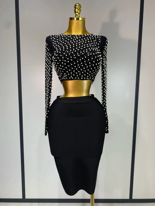 Set da donna sexy a maniche lunghe in rete con perle Top Celebrity Midi Set di fasciature da donna 2025 Set da due pezzi di compleanno di lusso per feste serali di design