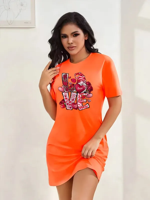 Women's Stylish Casual Plus-Size Design Heart-Shaped and Letter Print T-Shirt Dress - Casual Round Neck Stretch Fabric Machine