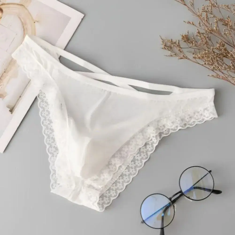 Men Side Strap Lace Briefs Silky Smooth Scalloped Floral Lace Low Waist Stretch Thin Underwear Sissy Panties