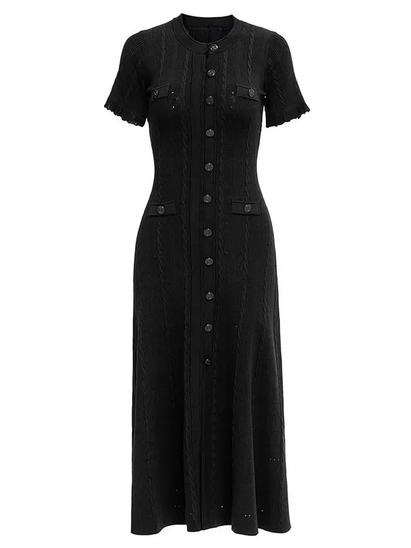 French Style Knitted Long Dress round Neck Hollow out Wooden Edge Skirt Elegant Autumn Luxury Women's Fashion One Piece Dress