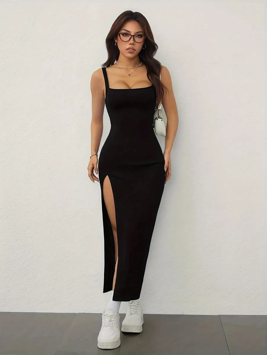 Women's Spring/Summer Sexy Elegant Square Neck Off-Shoulder Backless Split Hip Strappy Dress — image 2