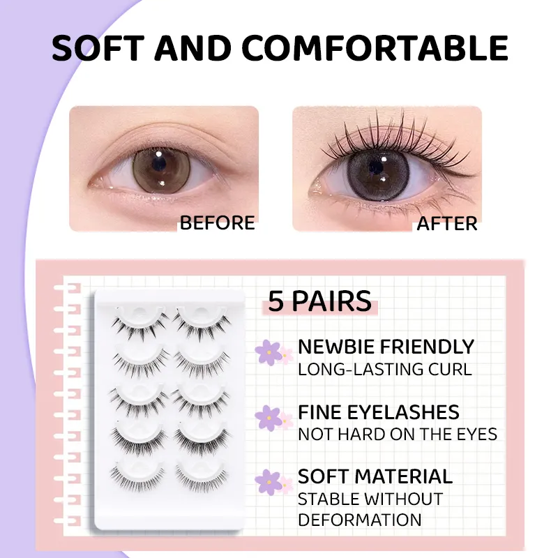 5 paires de faux cils auto-adhésifs Manga de Style mixte, sans colle, bande naturelle réutilisable, pour le maquillage quotidien des yeux