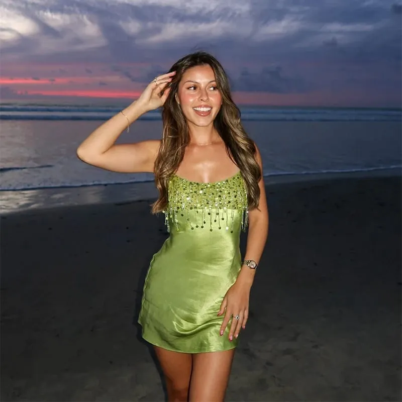 Chic High End Sequin Tassel Satin Dress Women's Elegant Straps Low Neck Mini Vistidos 2026 Stylish Back Zipper Beach Party Gown — image 4