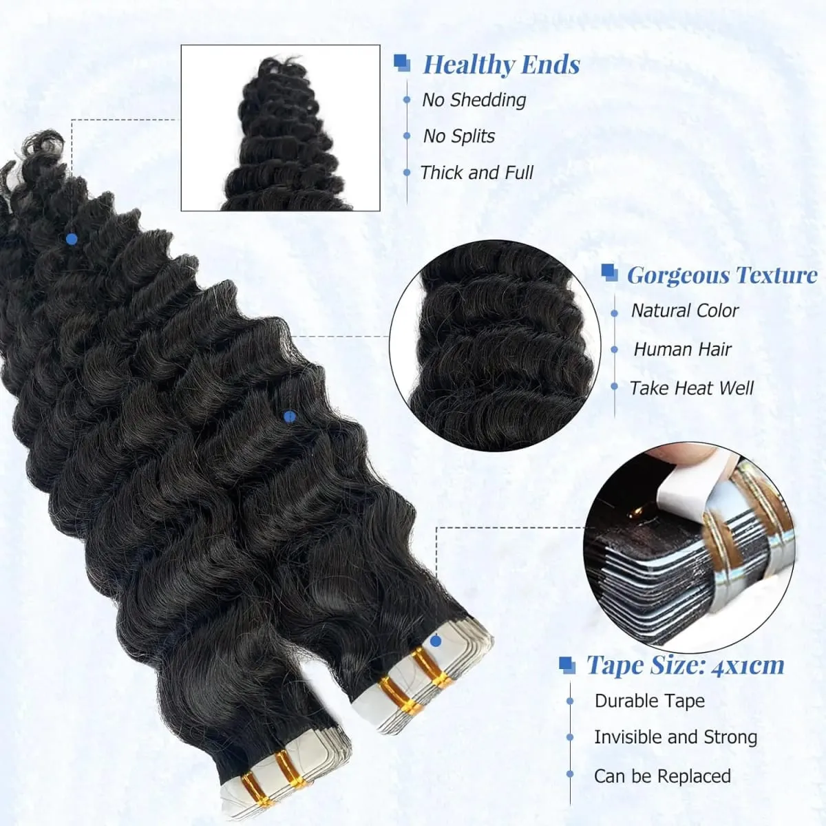 Deep Water Wave Tape In Hair Extensions Natural Black Remy 100% Human Hair 20pcs/50g Curly Tape ins Invisible Adhesive Seamless — image 3