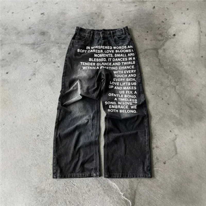 American Retro Men Alphabet Patterned Letter Jeans High Street Clothing Y2K Goth Women Unisex Baggy Casual Wide Leg Mopping Pant — image 4