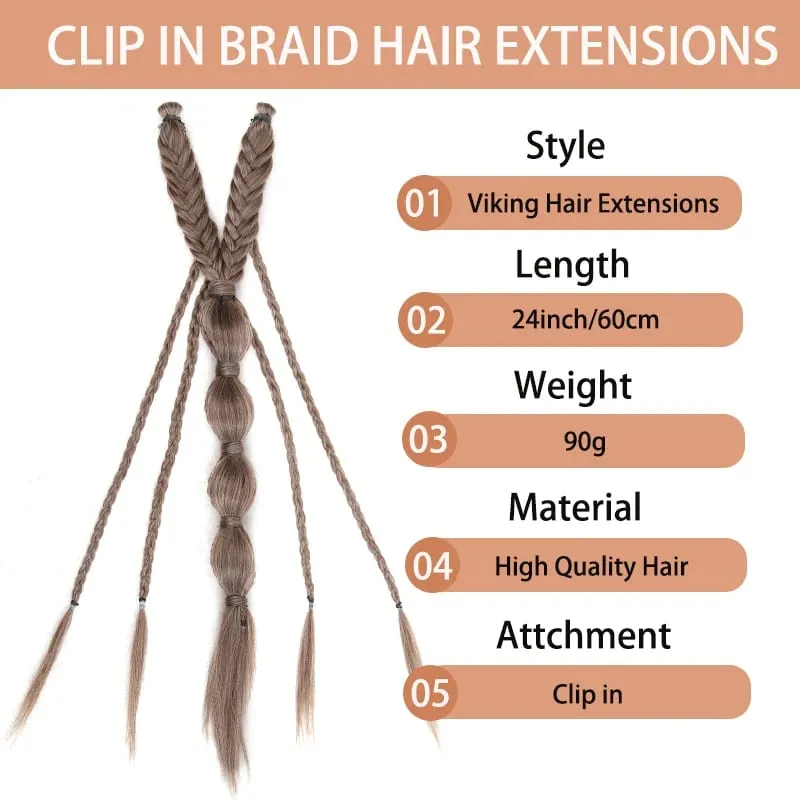 Clip in Braid Synthetic Hair Extensions Boho Festival Princess Braid Viking Renaissance Cosplay Wedding Hairpiece for Women — image 3