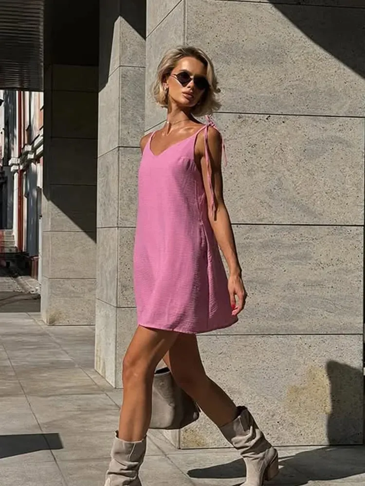 Ahagaga Fashion Dámské šaty Pevná ramínka Bandáž Pravidelný Kauzální výstřih do V Letní košilka bez rukávů Volný Sladký Dámský Vestido