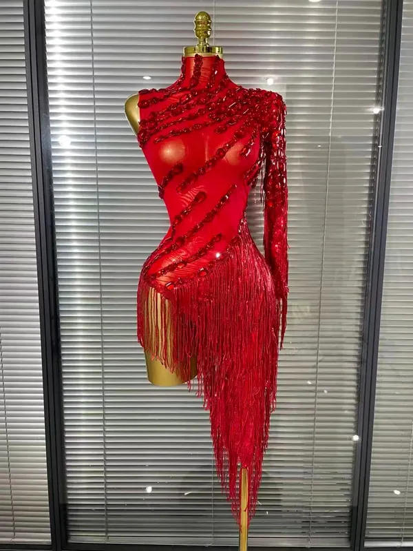 Black Red Women Sexy One Shoulder Shinning Crystal Sequins Tassels Bodycon Mid-calf Dress Nightclub Party Bar Dancer Costumes — image 7