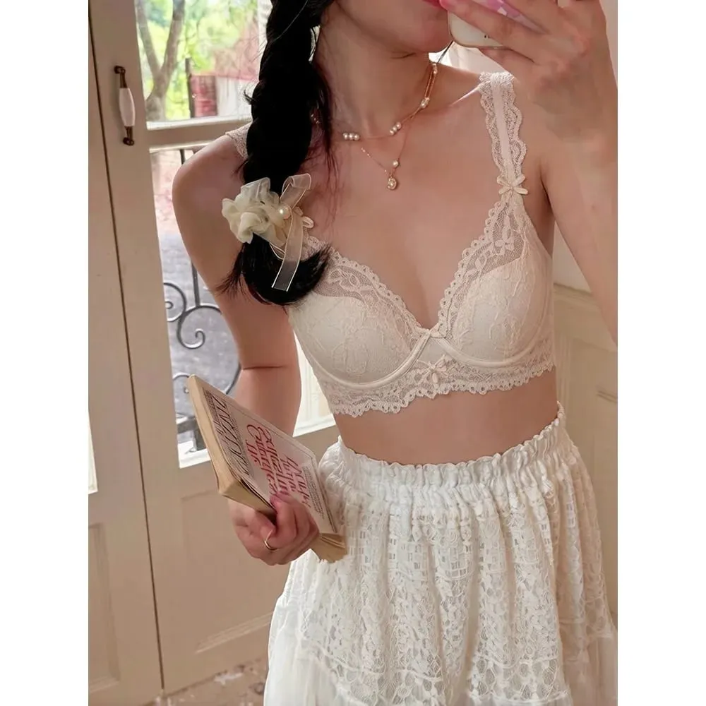 Set Lingerie Renda Lengan Flutter Prancis Wanita Bra Minimizer Punggung Cantik Seksi Bersirkulasi Cup Tipis Berkawat Lembut 32 ‑ 38