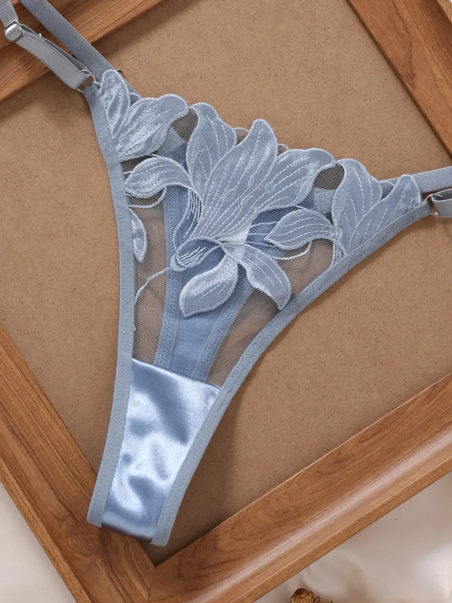 Light Blue Leaf Embroidery Lingerie Set Women Sheer Mesh Push Up Bra And Thong 2 Piece Sexy Transparent Lace Underwear ZA824031 — image 5