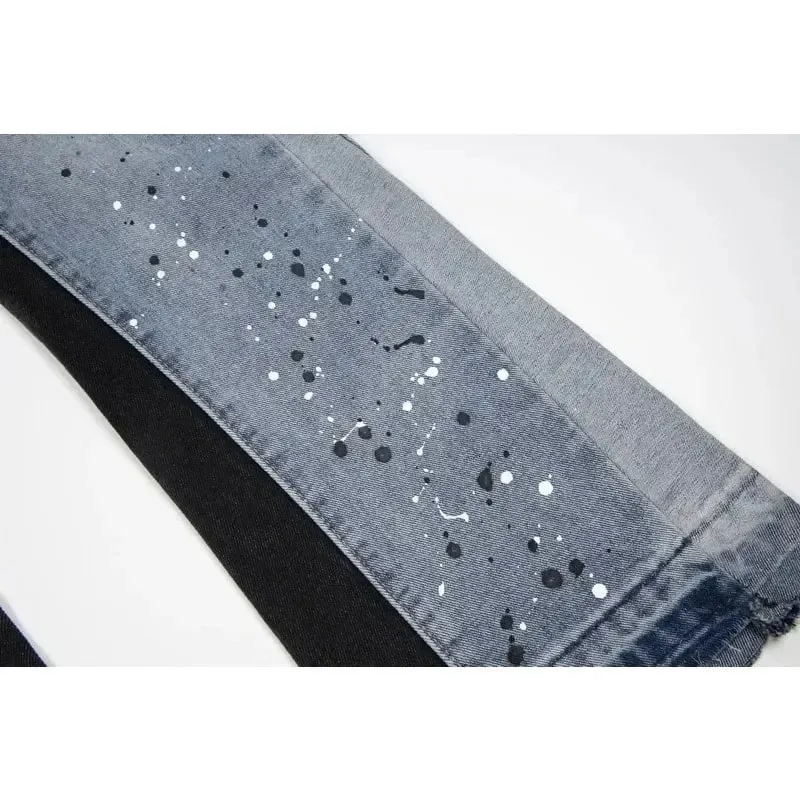 American Streetwear Splashed Ink Patchwork Baggy Jeans Men Women Clothing Tie Dye Trendy Pants Straight Slim Micro-flard Pants