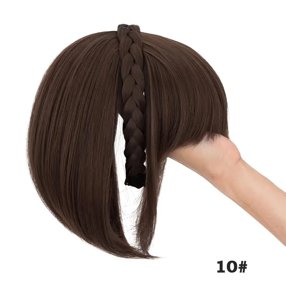 Snoilite 11'' Braided Headband with Clip-In Hair Topper With Bangs Natural Look Synthetic Straight Hair Extensions for Women 92g