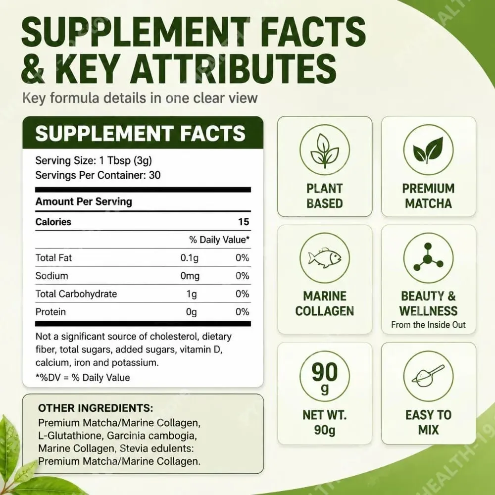 Matcha Collagen Powder Premium Matcha Marine Collagen L-Glutathione For Skin Hair & Joint Wellness Support Formula Adult 90g — image 3