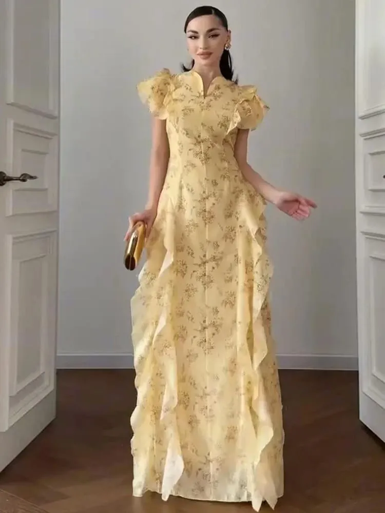 Floral Print Stand Collar Ruffled Tiered Dress Waist Cinched Flutter Sleeve 2026 Summer Women Dress Casual Delicate Lady Vestido — image 6