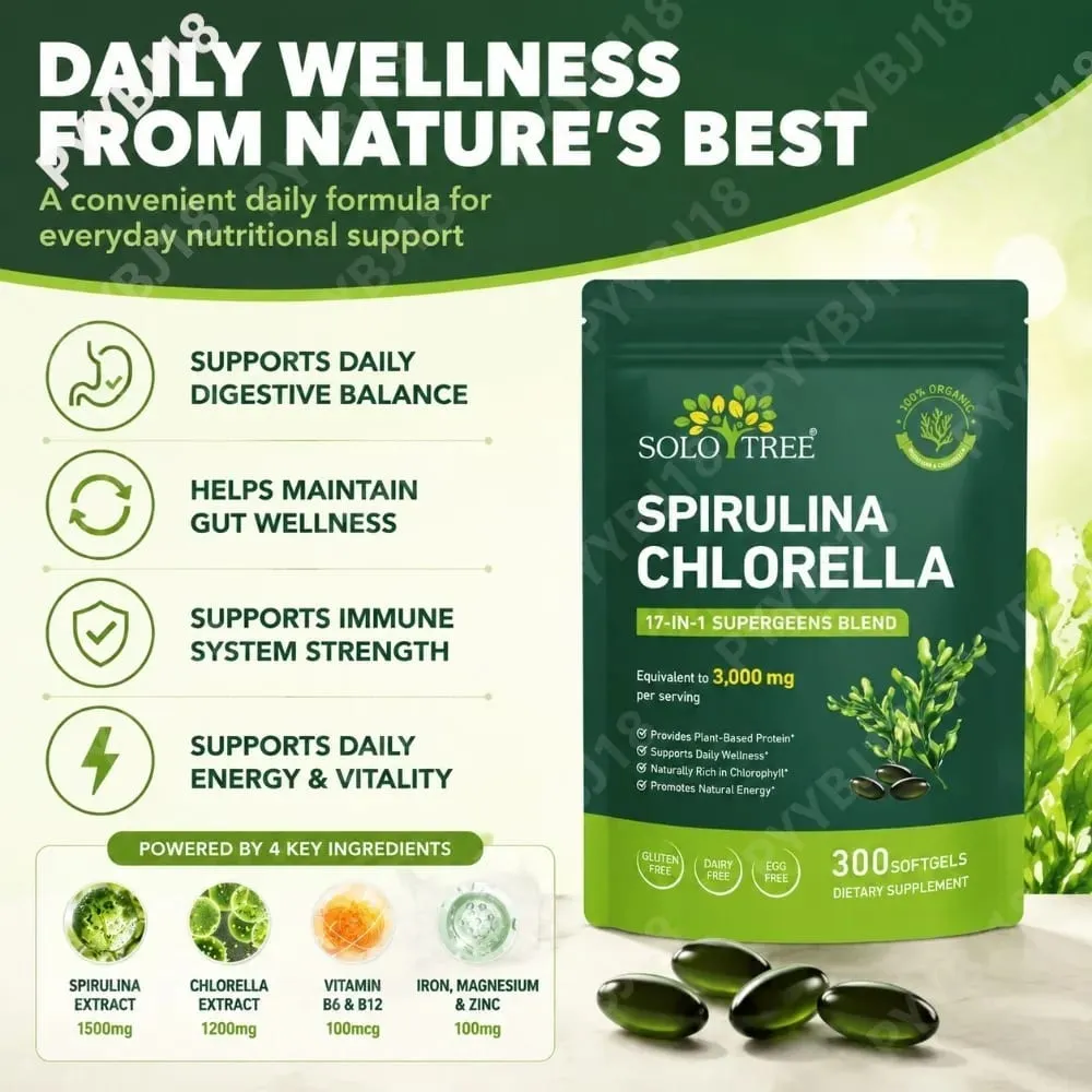 Gel Lembut Spirulina Chlorella Pokok Solo dengan Mikroalga Organik Vitamin B6 B12 Imbangan Penghadaman & Sokongan Imun 300 Gel Lembut