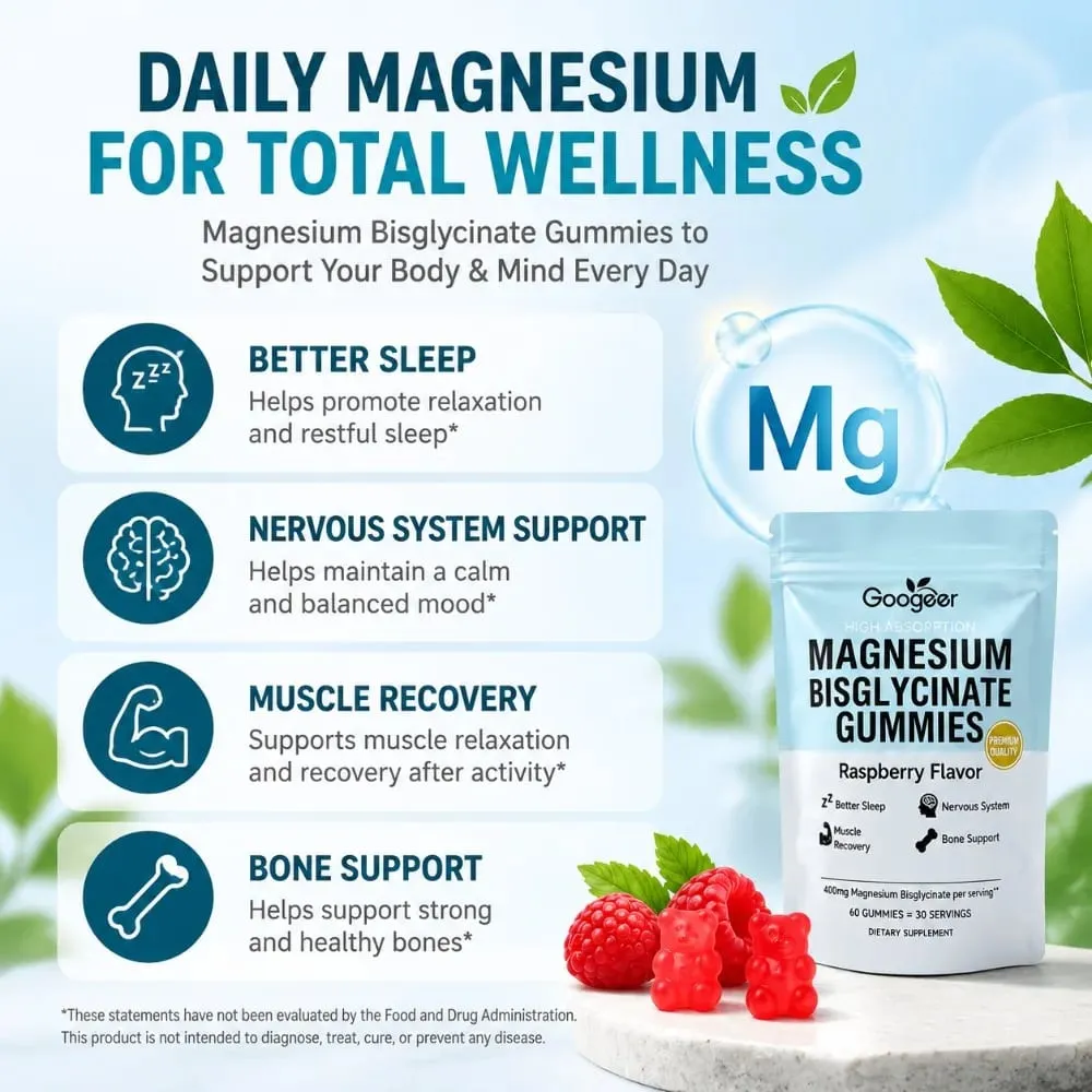 Magnesium Bisglycinate Gummies 400mg High Absorption for Sleep Muscle Recovery & Bone Support with D3 & Zinc Raspberry 60 Ct — image 2