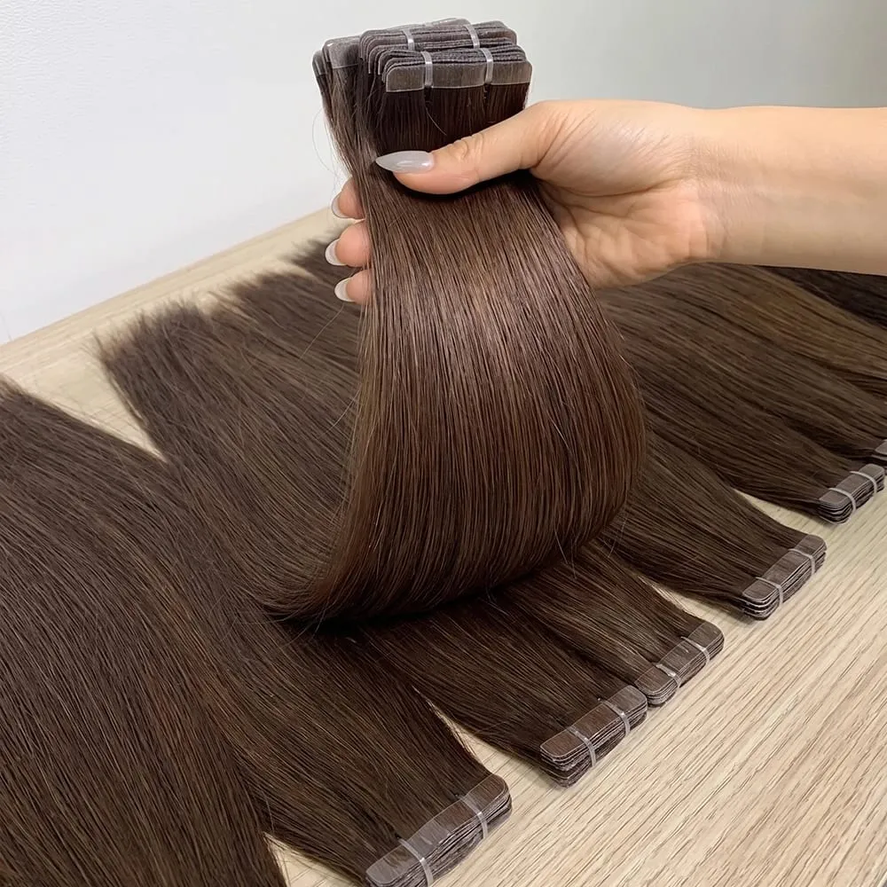 Seamless Brown Tape in Hair Extensions 100% Human Hair Straight 14A Grade Virgin Remy 21pcs 50g Pack Thick End Women #4 Beauty 18 20 22 Inch