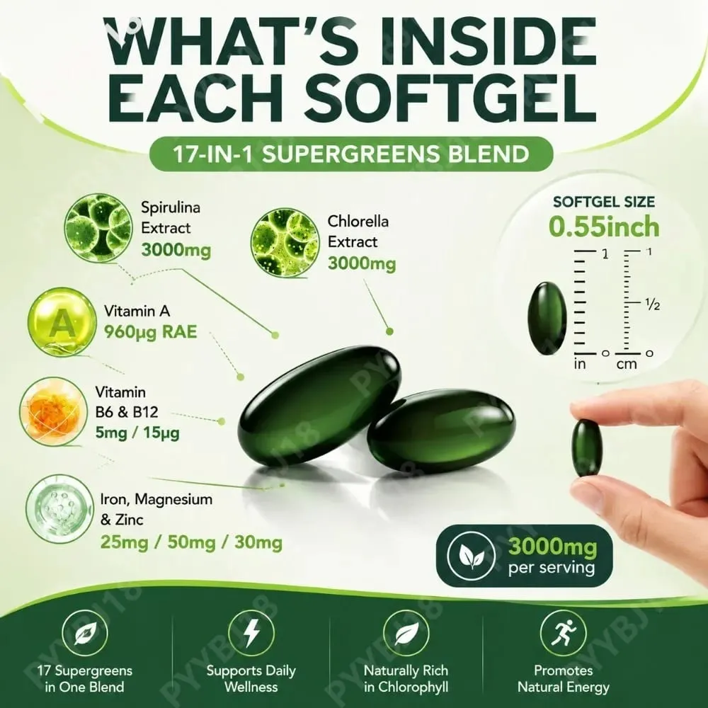 Gel Lembut Spirulina Chlorella Pokok Solo dengan Mikroalga Organik Vitamin B6 B12 Imbangan Penghadaman & Sokongan Imun 300 Gel Lembut