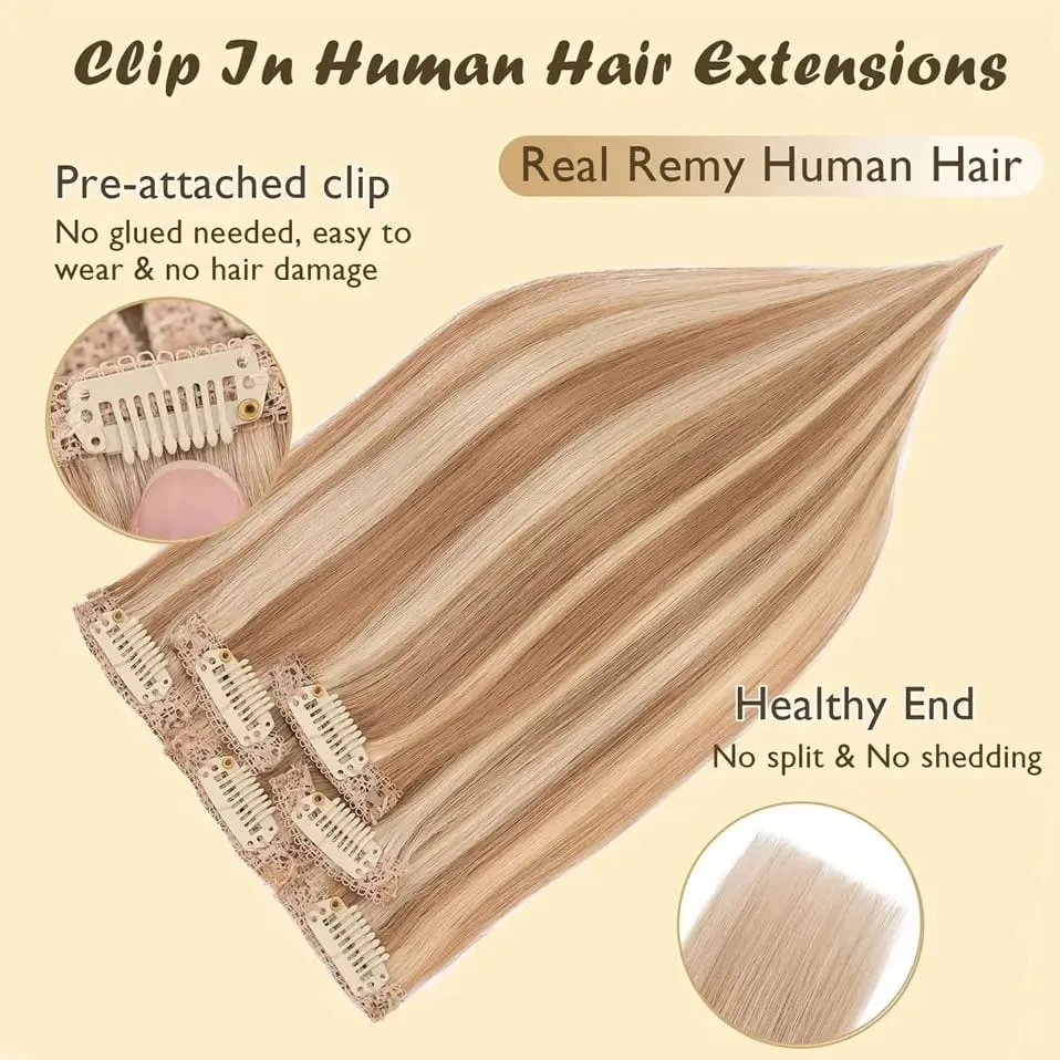 S-noilite 6 PCS Remy Clip In Human Hair Extensions Single Clip Ins Thick Hair Extensions Highlight Seamless Hairpieces for Women