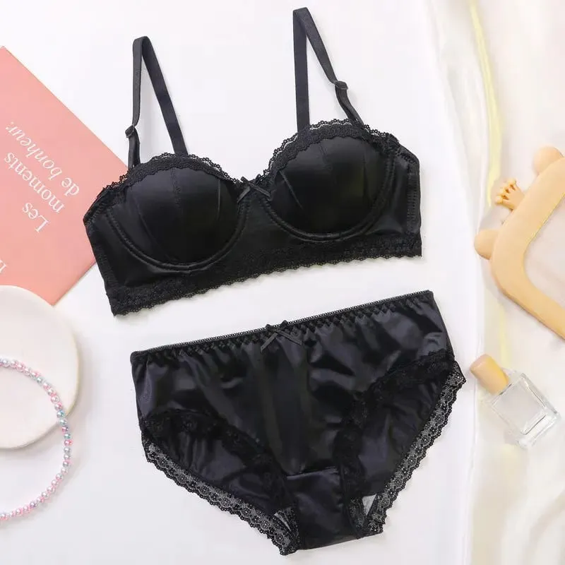 Luxury French Minimizer Bra Satin Lace Thin Cup Soft Underwire Uplift Centering Anti-Sagging Solid Comfort Support Elegant Women