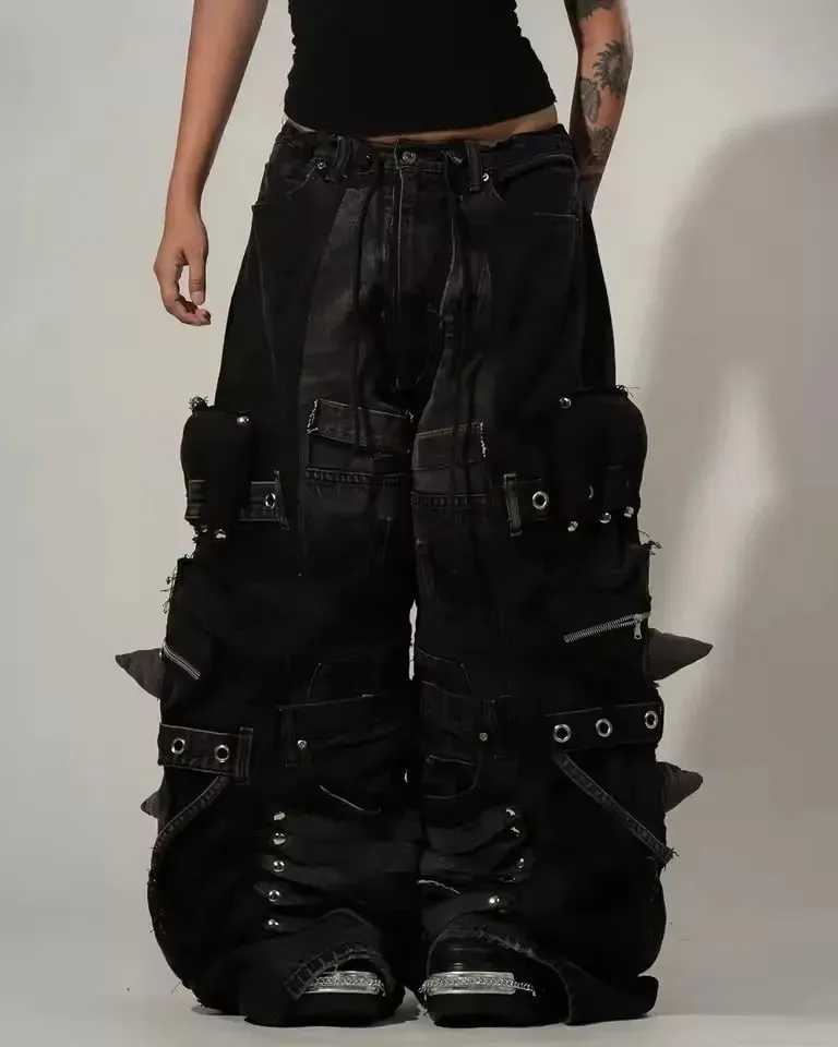 Black Baggy Cargo Jeans Men Women Heavy Multi Pocket Zipper Detail Streetwear Casual Fashion Pants Wide Leg Loose Fit Soft Y2K